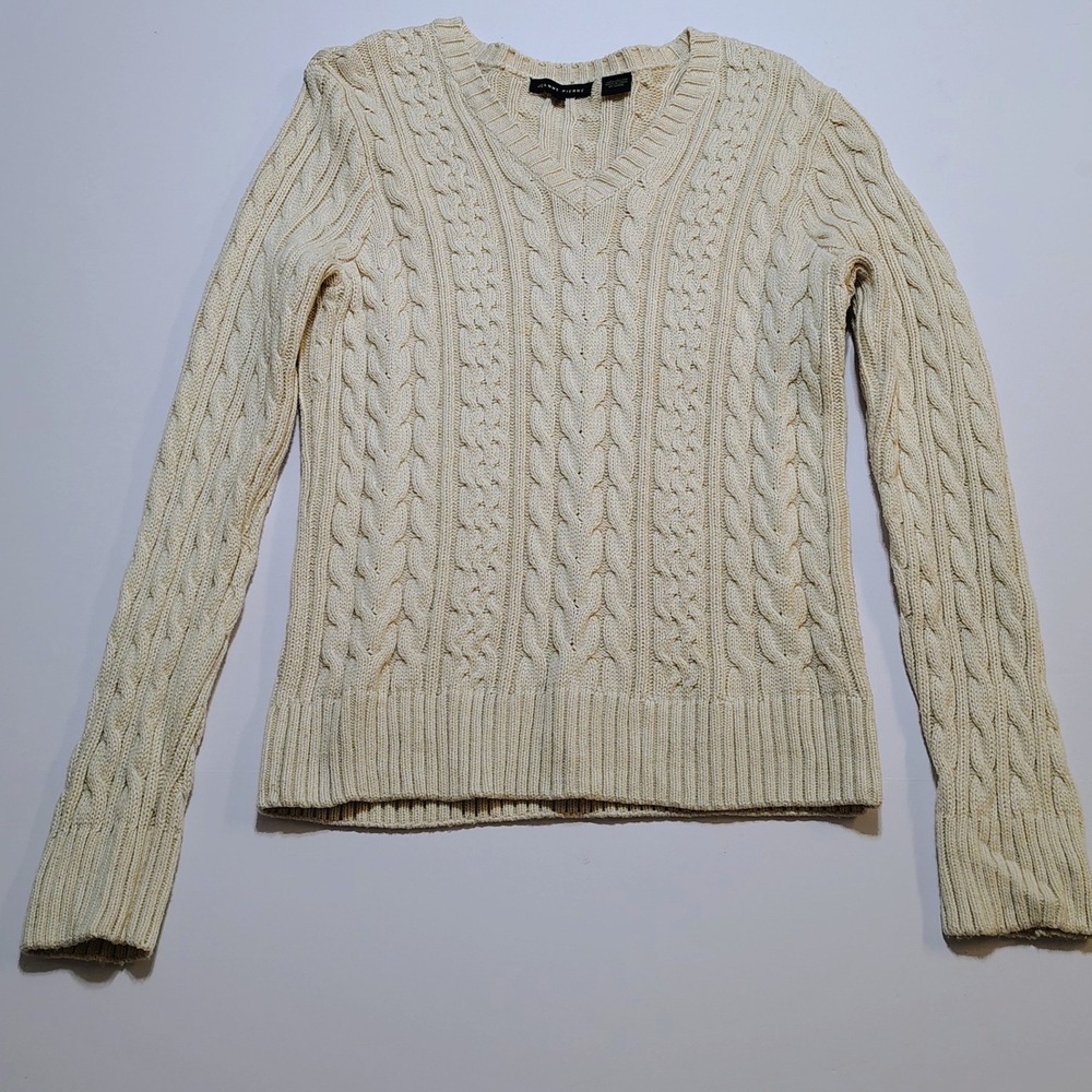 JEANNE PIERRE Cream Cable‎ Knit V Neck Pullover Preppy Sweater Woman Size L